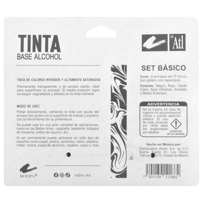 SET BÁSICO 5 TINTAS COLORES Y MEDIO 17ML BASE ALCOHOL ATL