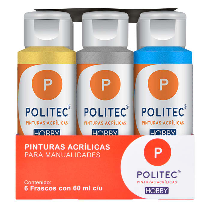 Politec - Set de Pintura Acrílica Metalica Linea Hobby 6 piezas