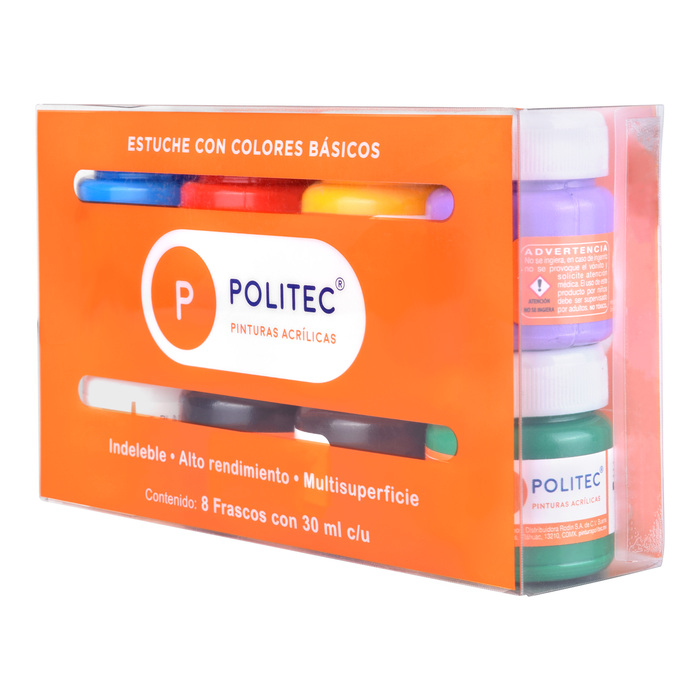 Politec - SET CON 8 PZS DE PINTURA ACRILICA 30ML BASICO