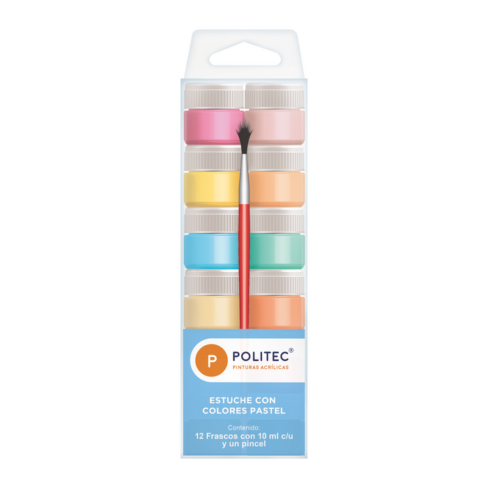 Politec - Estuche Surtido Con 12 Colores Pastel De 10 Ml + Pincel