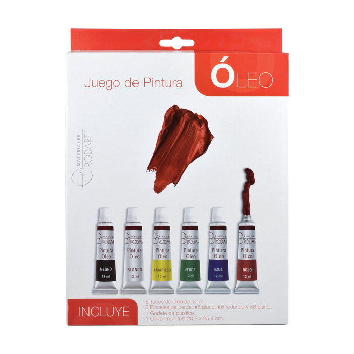 Outlet - Kit Óleo con 6 tubos de 12ml + Cartón con Tela + Godete + 3 Pincel  Rodart