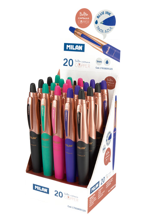 Milan-Caja Exhibidor Con 20 Bolígrafos De Tinta Azul Capsule Copper