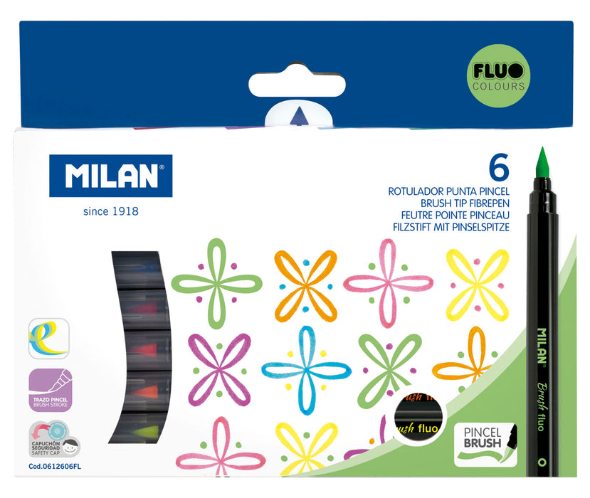 Milan - Caja Con 6 Rotuladores Punta Pincel Colores Fluorescentes