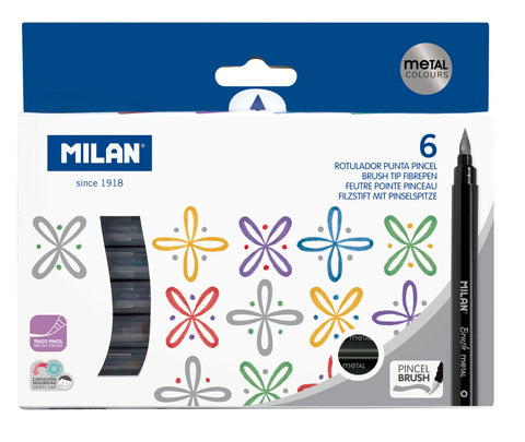 Milan - Caja Con 6 Rotuladores Punta Pincel En Colores Metalizados