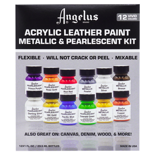 ANGELUS - SET 12 PINTURAS ACRÍLICAS PARA CUERO METALIZADAS Y PERLADAS